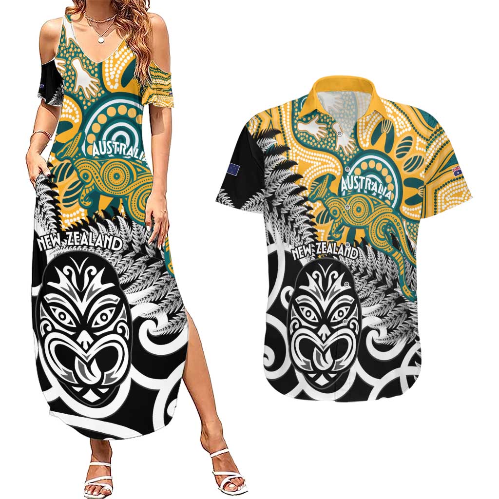 New Zealand Australia Rugby Custom Couples Matching Summer Maxi Dress and Hawaiian Shirt Wallabies Aboriginal All Black Maori Tiki Together - Aussie Hoodie