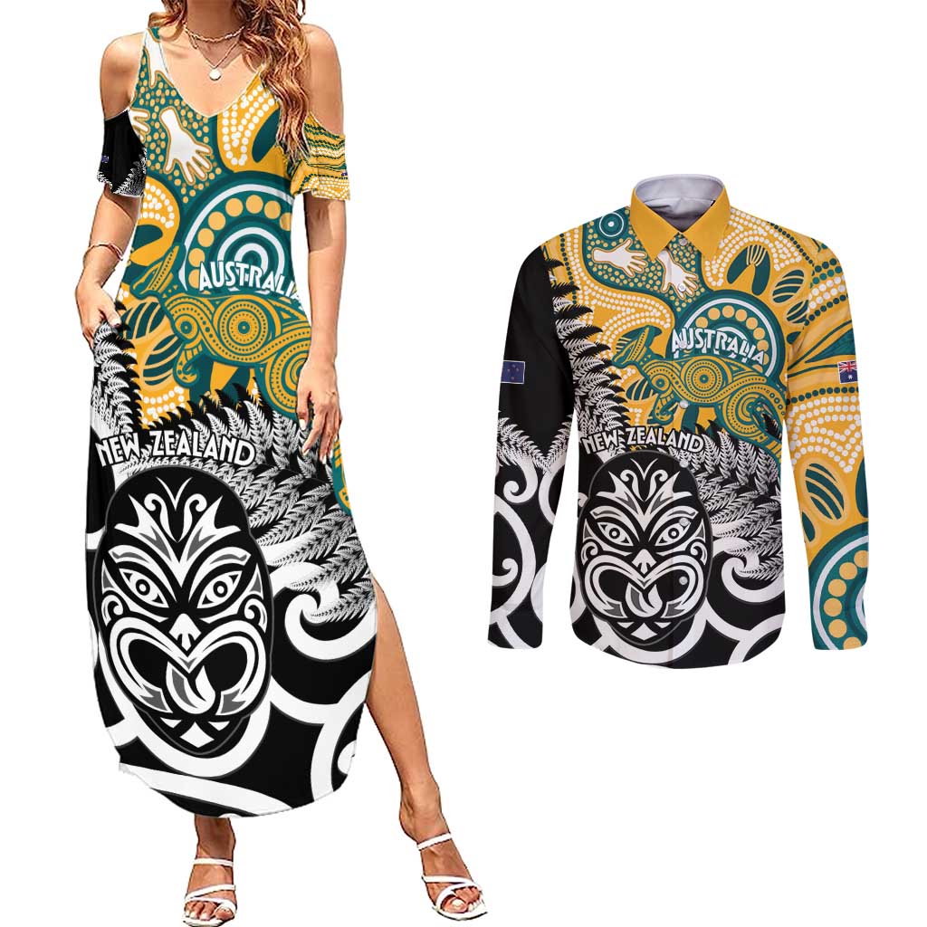 New Zealand Australia Rugby Custom Couples Matching Summer Maxi Dress and Long Sleeve Button Shirt Wallabies Aboriginal All Black Maori Tiki Together - Aussie Hoodie