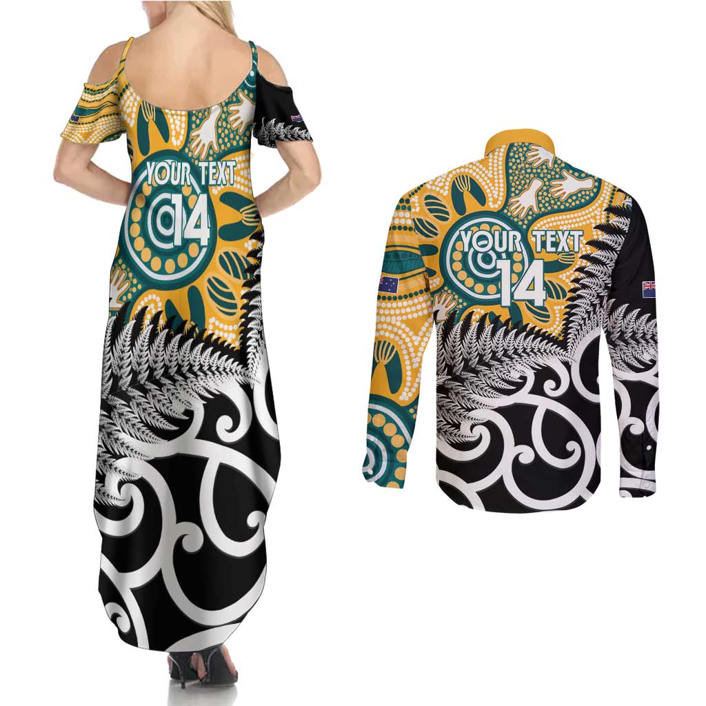 New Zealand Australia Rugby Custom Couples Matching Summer Maxi Dress and Long Sleeve Button Shirt Wallabies Aboriginal All Black Maori Tiki Together - Aussie Hoodie