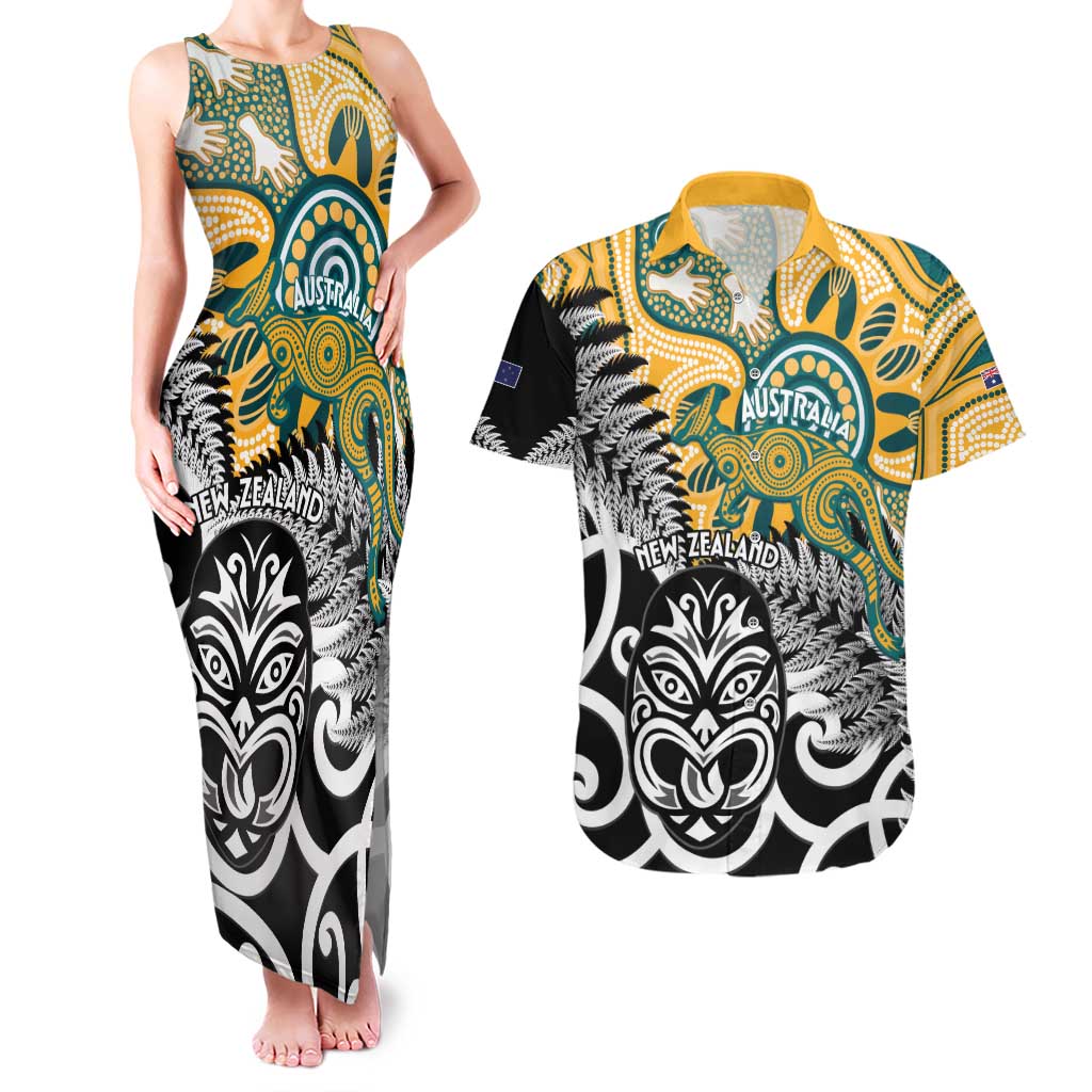 New Zealand Australia Rugby Custom Couples Matching Tank Maxi Dress and Hawaiian Shirt Wallabies Aboriginal All Black Maori Tiki Together - Aussie Hoodie