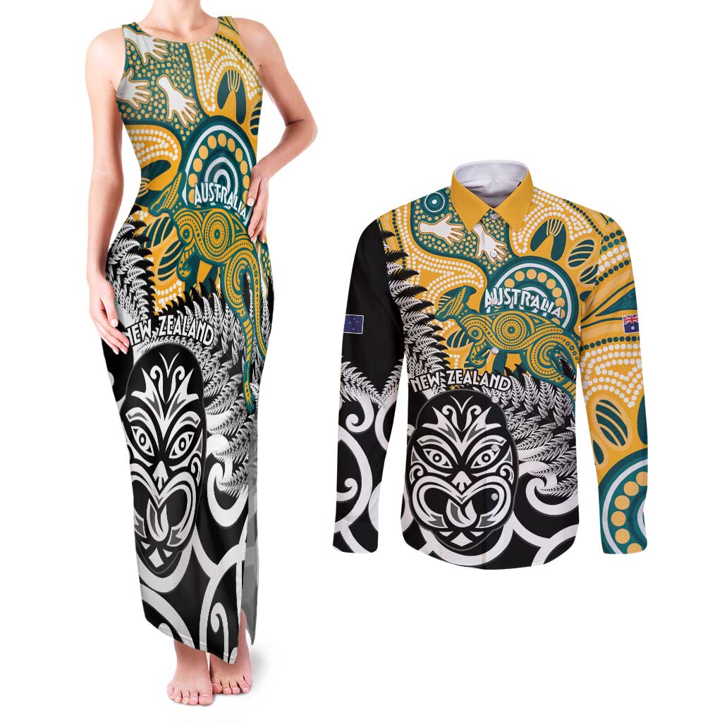 New Zealand Australia Rugby Custom Couples Matching Tank Maxi Dress and Long Sleeve Button Shirt Wallabies Aboriginal All Black Maori Tiki Together - Aussie Hoodie
