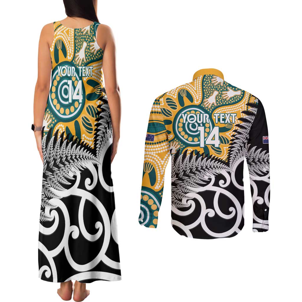New Zealand Australia Rugby Custom Couples Matching Tank Maxi Dress and Long Sleeve Button Shirt Wallabies Aboriginal All Black Maori Tiki Together - Aussie Hoodie