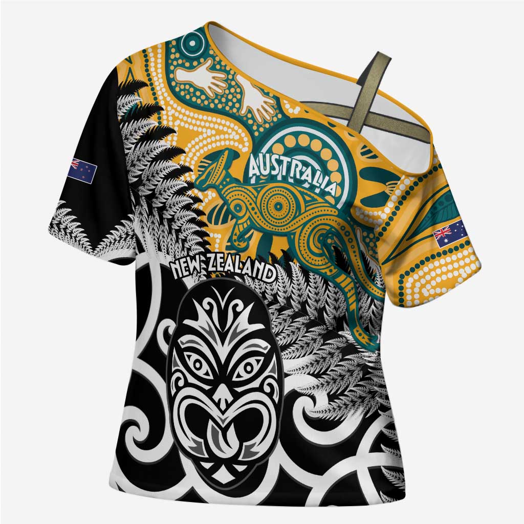 New Zealand Australia Rugby Custom Cross Shoulder Shirt Wallabies Aboriginal All Black Maori Tiki Together - Aussie Hoodie