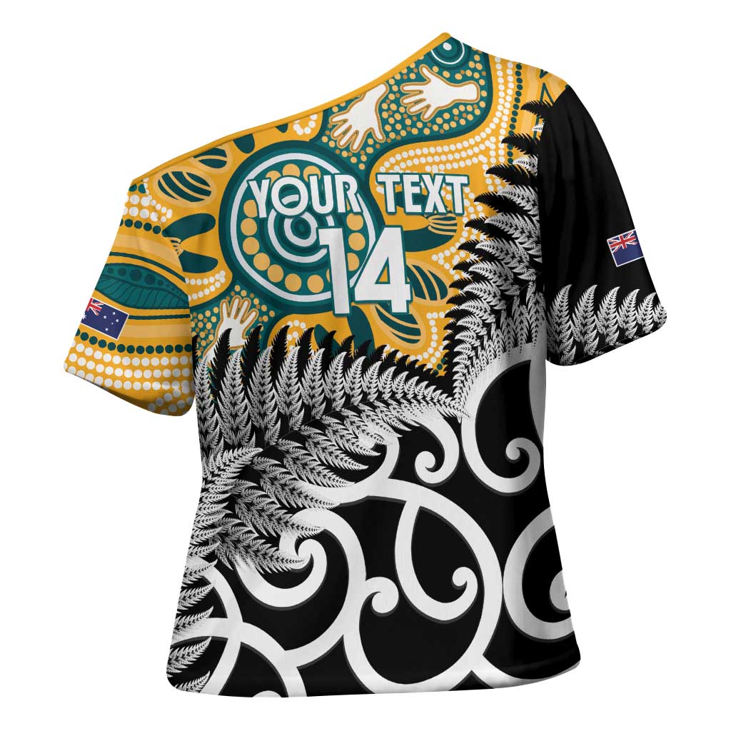 New Zealand Australia Rugby Custom Cross Shoulder Shirt Wallabies Aboriginal All Black Maori Tiki Together - Aussie Hoodie