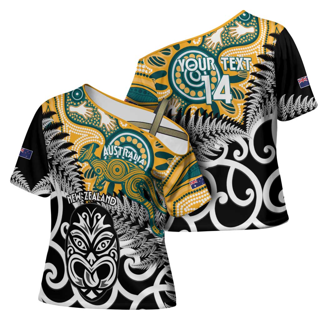 New Zealand Australia Rugby Custom Cross Shoulder Shirt Wallabies Aboriginal All Black Maori Tiki Together - Aussie Hoodie