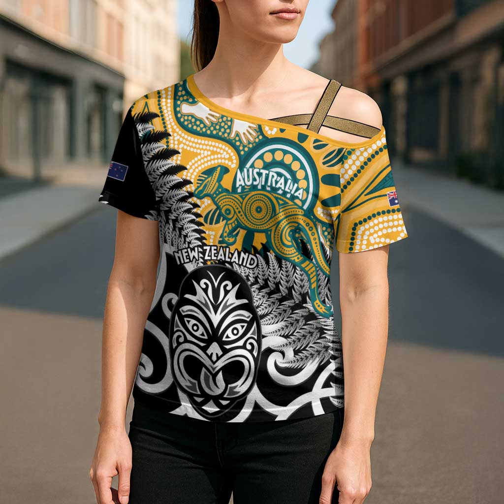 New Zealand Australia Rugby Custom Cross Shoulder Shirt Wallabies Aboriginal All Black Maori Tiki Together - Aussie Hoodie