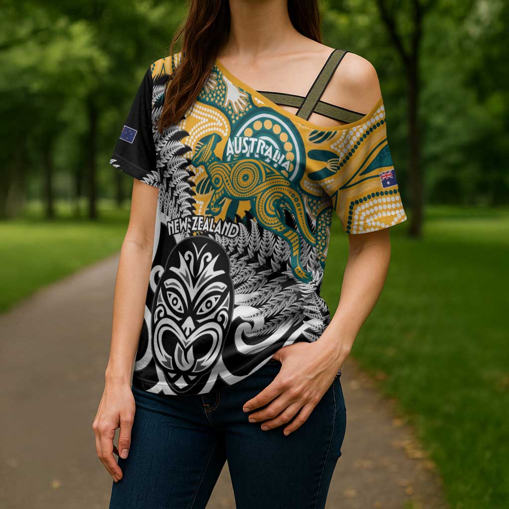 New Zealand Australia Rugby Custom Cross Shoulder Shirt Wallabies Aboriginal All Black Maori Tiki Together - Aussie Hoodie
