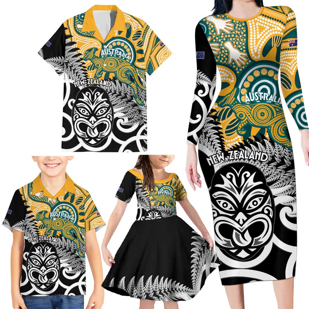 New Zealand Australia Rugby Custom Family Matching Long Sleeve Bodycon Dress and Hawaiian Shirt Wallabies Aboriginal All Black Maori Tiki Together - Aussie Hoodie