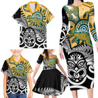 New Zealand Australia Rugby Custom Family Matching Long Sleeve Bodycon Dress and Hawaiian Shirt Wallabies Aboriginal All Black Maori Tiki Together - Aussie Hoodie