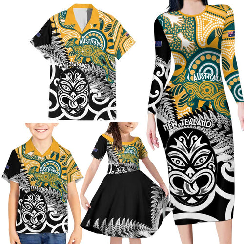 New Zealand Australia Rugby Custom Family Matching Long Sleeve Bodycon Dress and Hawaiian Shirt Wallabies Aboriginal All Black Maori Tiki Together - Aussie Hoodie