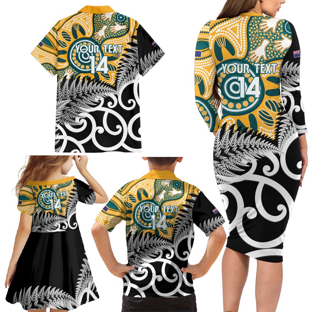 New Zealand Australia Rugby Custom Family Matching Long Sleeve Bodycon Dress and Hawaiian Shirt Wallabies Aboriginal All Black Maori Tiki Together - Aussie Hoodie