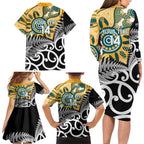 New Zealand Australia Rugby Custom Family Matching Long Sleeve Bodycon Dress and Hawaiian Shirt Wallabies Aboriginal All Black Maori Tiki Together - Aussie Hoodie