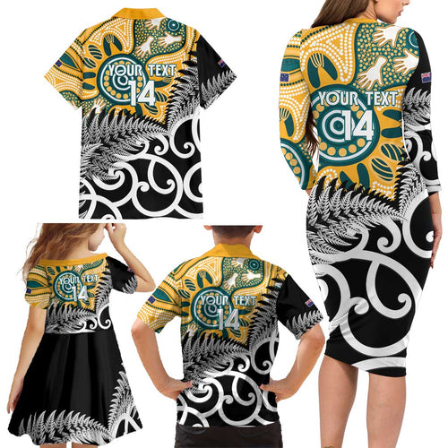 New Zealand Australia Rugby Custom Family Matching Long Sleeve Bodycon Dress and Hawaiian Shirt Wallabies Aboriginal All Black Maori Tiki Together - Aussie Hoodie