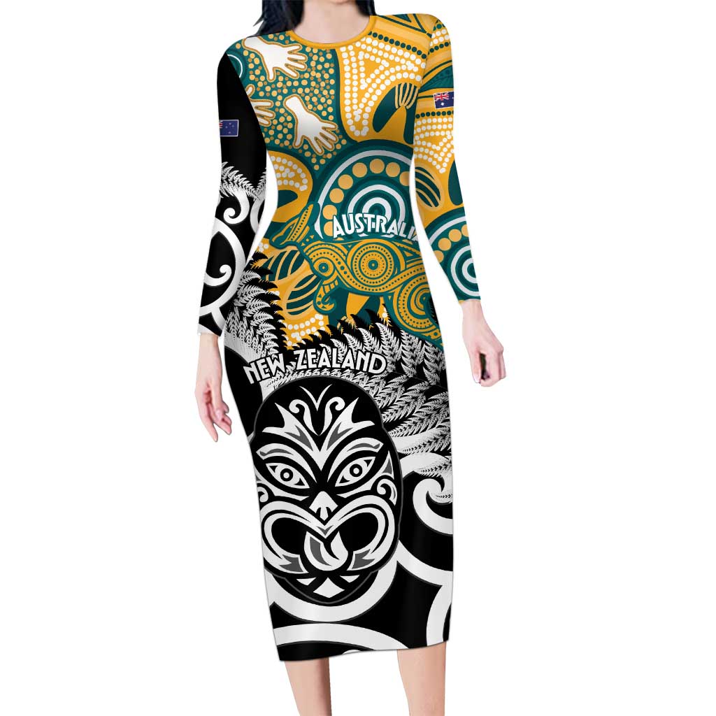 New Zealand Australia Rugby Custom Family Matching Long Sleeve Bodycon Dress and Hawaiian Shirt Wallabies Aboriginal All Black Maori Tiki Together - Aussie Hoodie
