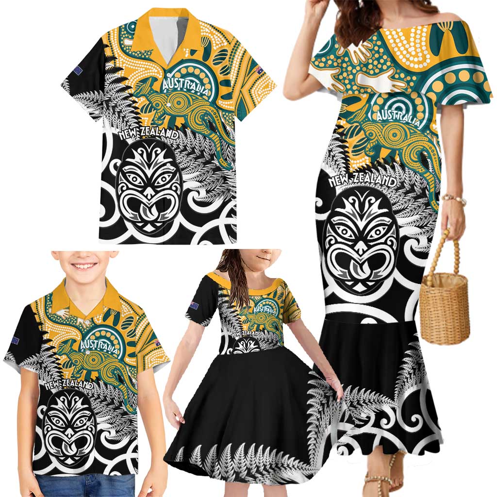 New Zealand Australia Rugby Custom Family Matching Mermaid Dress and Hawaiian Shirt Wallabies Aboriginal All Black Maori Tiki Together - Aussie Hoodie