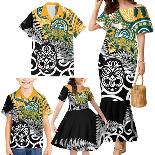 New Zealand Australia Rugby Custom Family Matching Mermaid Dress and Hawaiian Shirt Wallabies Aboriginal All Black Maori Tiki Together - Aussie Hoodie