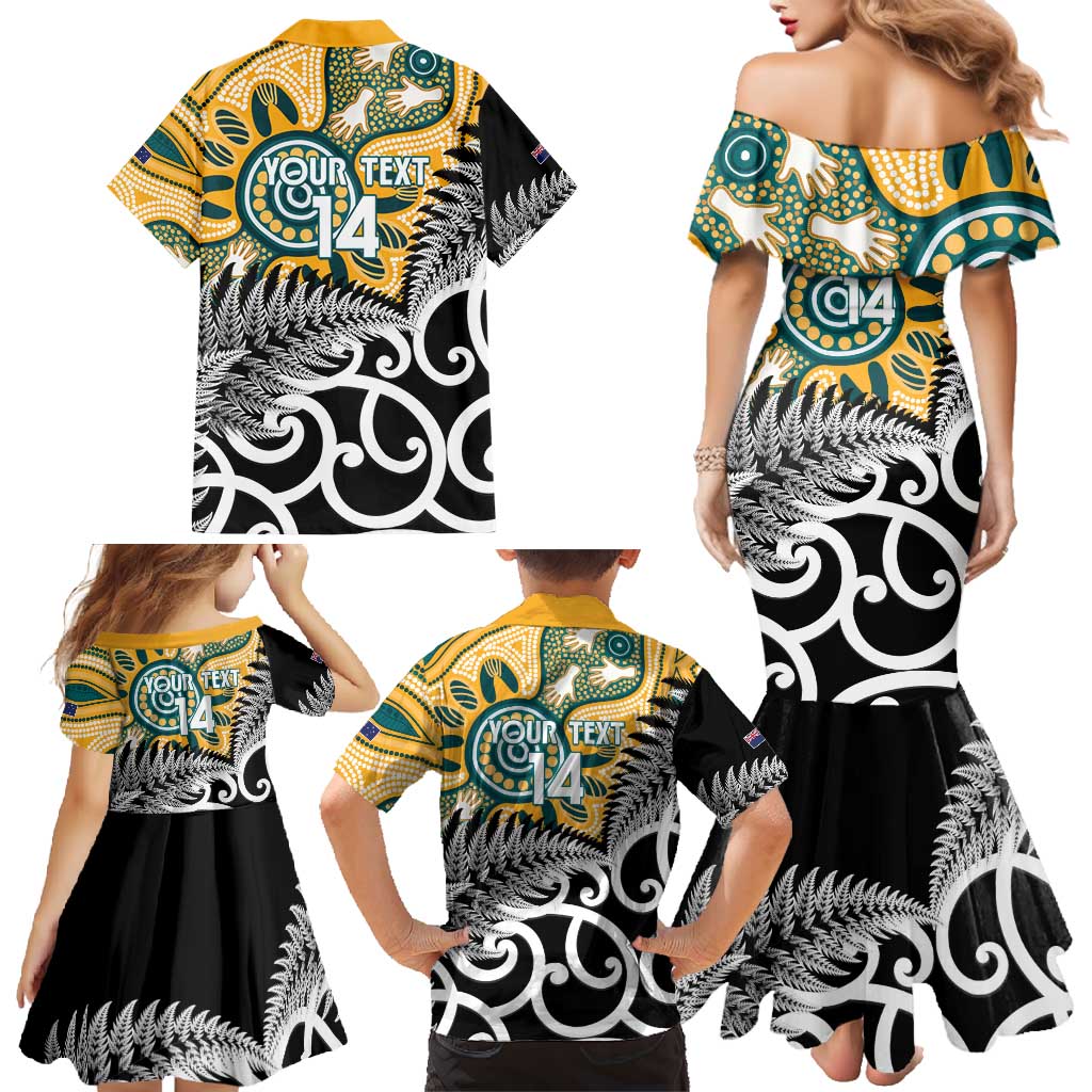 New Zealand Australia Rugby Custom Family Matching Mermaid Dress and Hawaiian Shirt Wallabies Aboriginal All Black Maori Tiki Together - Aussie Hoodie