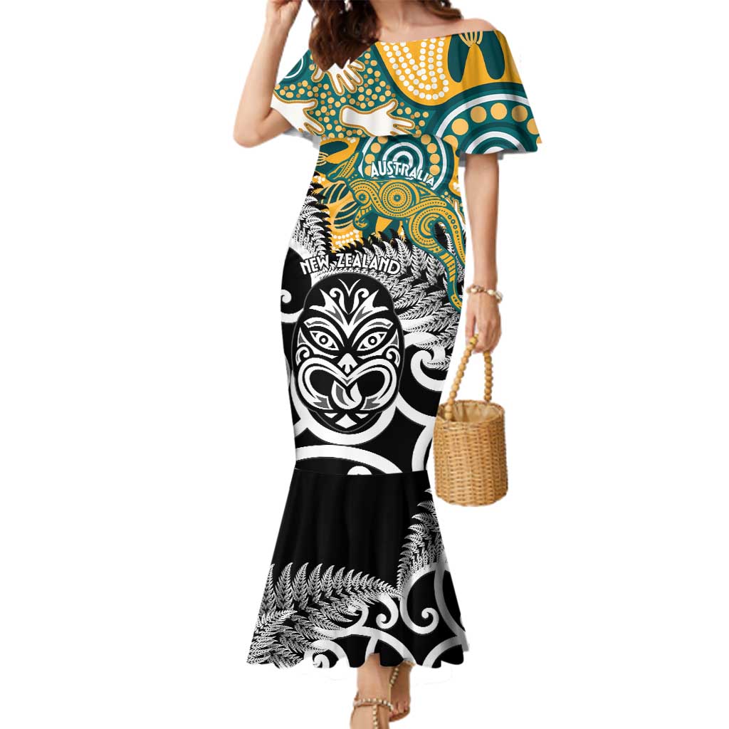 New Zealand Australia Rugby Custom Family Matching Mermaid Dress and Hawaiian Shirt Wallabies Aboriginal All Black Maori Tiki Together - Aussie Hoodie