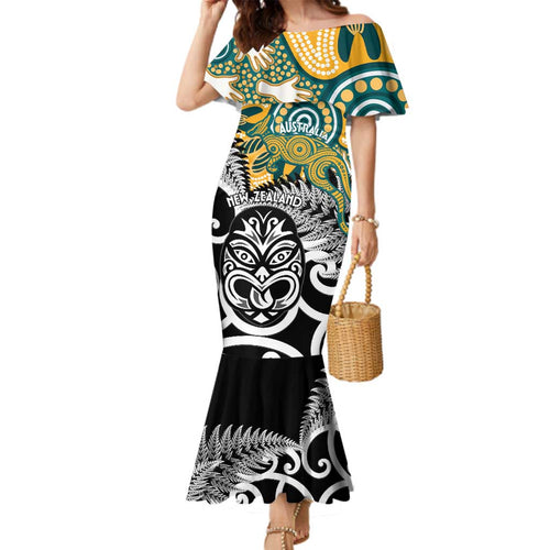 New Zealand Australia Rugby Custom Family Matching Mermaid Dress and Hawaiian Shirt Wallabies Aboriginal All Black Maori Tiki Together - Aussie Hoodie