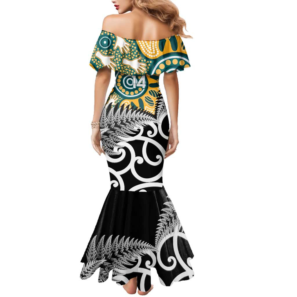 New Zealand Australia Rugby Custom Family Matching Mermaid Dress and Hawaiian Shirt Wallabies Aboriginal All Black Maori Tiki Together - Aussie Hoodie