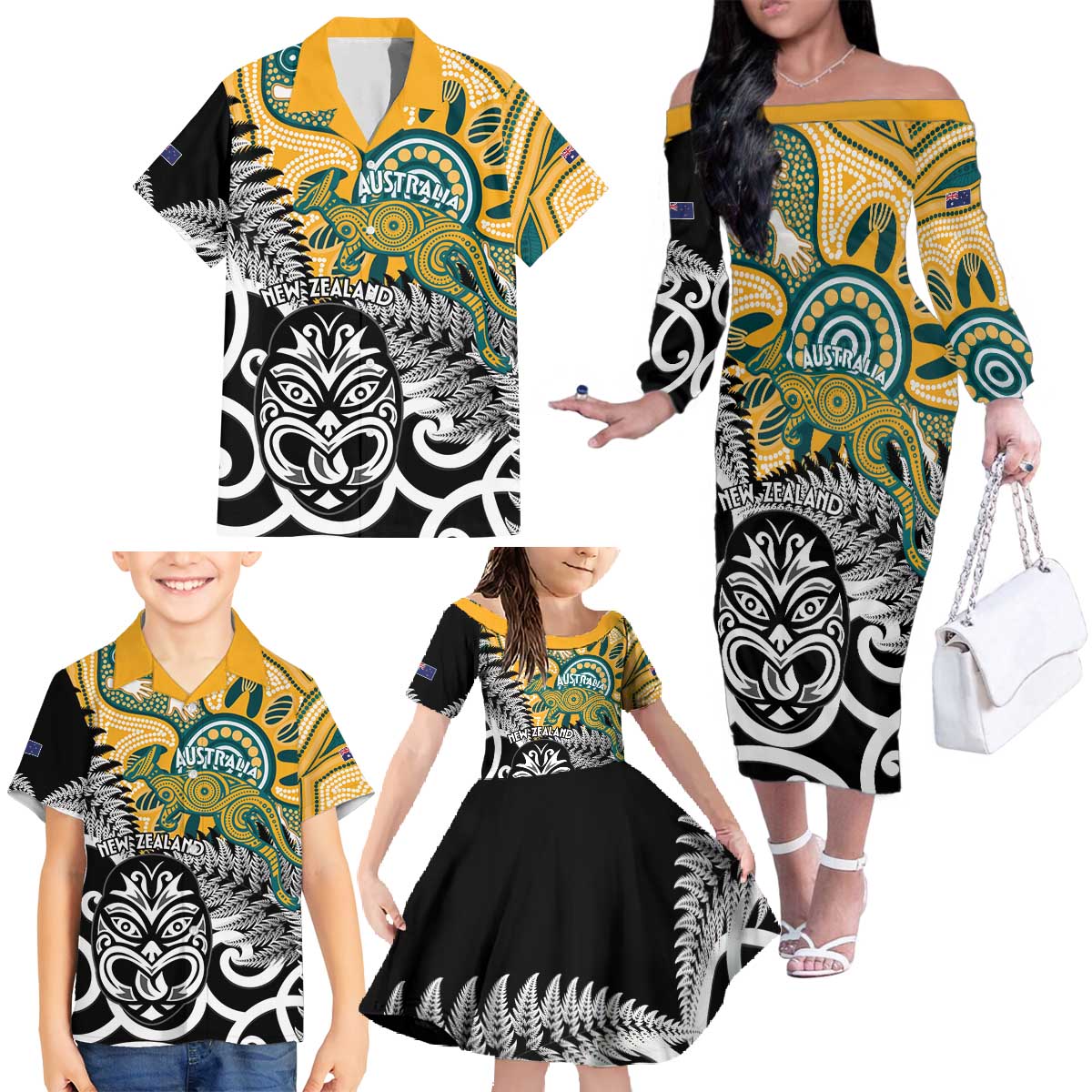 New Zealand Australia Rugby Custom Family Matching Off The Shoulder Long Sleeve Dress and Hawaiian Shirt Wallabies Aboriginal All Black Maori Tiki Together - Aussie Hoodie