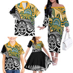 New Zealand Australia Rugby Custom Family Matching Off The Shoulder Long Sleeve Dress and Hawaiian Shirt Wallabies Aboriginal All Black Maori Tiki Together - Aussie Hoodie