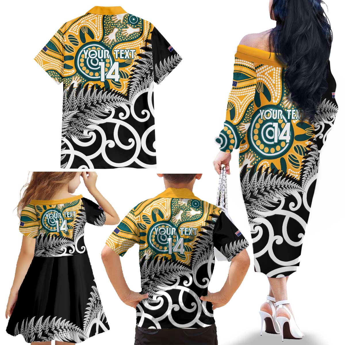 New Zealand Australia Rugby Custom Family Matching Off The Shoulder Long Sleeve Dress and Hawaiian Shirt Wallabies Aboriginal All Black Maori Tiki Together - Aussie Hoodie