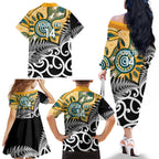 New Zealand Australia Rugby Custom Family Matching Off The Shoulder Long Sleeve Dress and Hawaiian Shirt Wallabies Aboriginal All Black Maori Tiki Together - Aussie Hoodie