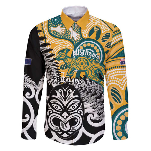 New Zealand Australia Rugby Custom Family Matching Off The Shoulder Long Sleeve Dress and Hawaiian Shirt Wallabies Aboriginal All Black Maori Tiki Together - Aussie Hoodie