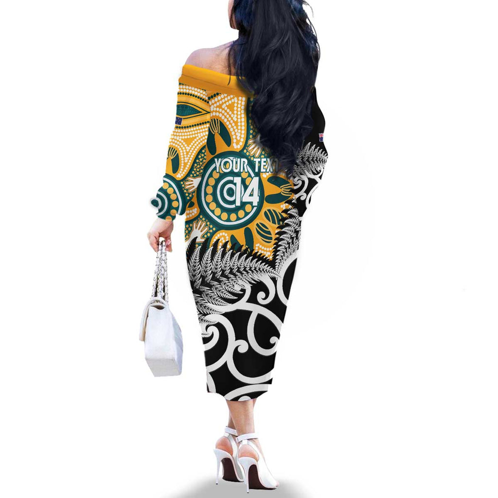 New Zealand Australia Rugby Custom Family Matching Off The Shoulder Long Sleeve Dress and Hawaiian Shirt Wallabies Aboriginal All Black Maori Tiki Together - Aussie Hoodie