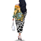 New Zealand Australia Rugby Custom Family Matching Off The Shoulder Long Sleeve Dress and Hawaiian Shirt Wallabies Aboriginal All Black Maori Tiki Together - Aussie Hoodie