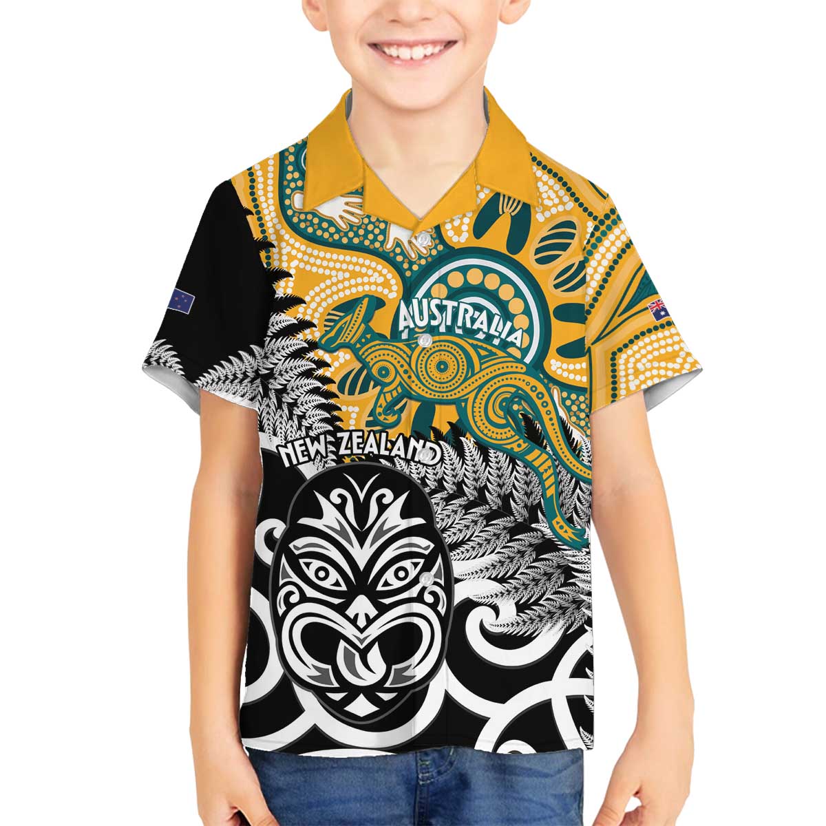 New Zealand Australia Rugby Custom Family Matching Off The Shoulder Long Sleeve Dress and Hawaiian Shirt Wallabies Aboriginal All Black Maori Tiki Together - Aussie Hoodie