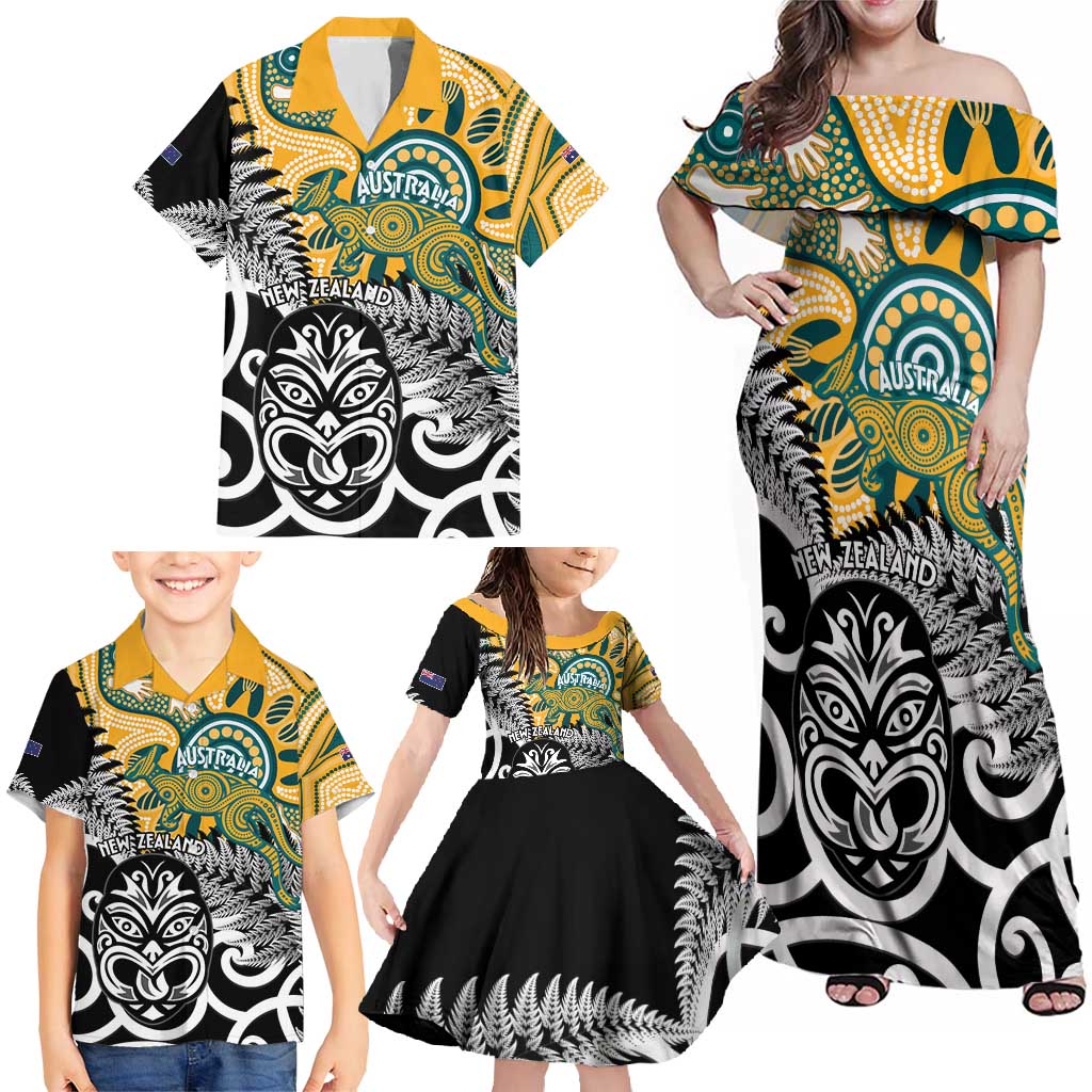 New Zealand Australia Rugby Custom Family Matching Off Shoulder Maxi Dress and Hawaiian Shirt Wallabies Aboriginal All Black Maori Tiki Together - Aussie Hoodie