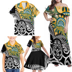New Zealand Australia Rugby Custom Family Matching Off Shoulder Maxi Dress and Hawaiian Shirt Wallabies Aboriginal All Black Maori Tiki Together - Aussie Hoodie