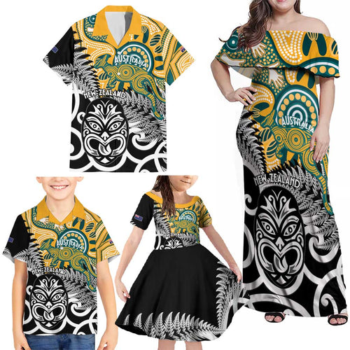New Zealand Australia Rugby Custom Family Matching Off Shoulder Maxi Dress and Hawaiian Shirt Wallabies Aboriginal All Black Maori Tiki Together - Aussie Hoodie