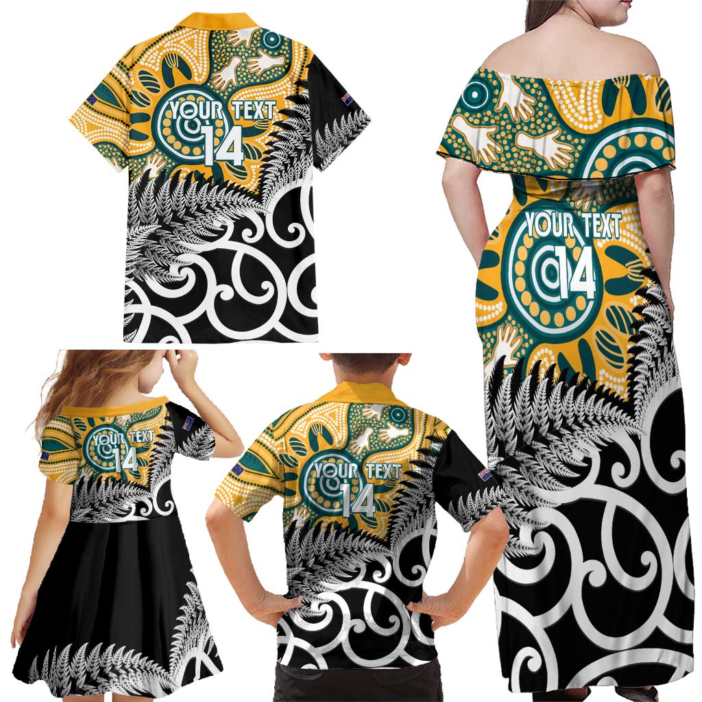 New Zealand Australia Rugby Custom Family Matching Off Shoulder Maxi Dress and Hawaiian Shirt Wallabies Aboriginal All Black Maori Tiki Together - Aussie Hoodie