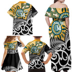 New Zealand Australia Rugby Custom Family Matching Off Shoulder Maxi Dress and Hawaiian Shirt Wallabies Aboriginal All Black Maori Tiki Together - Aussie Hoodie
