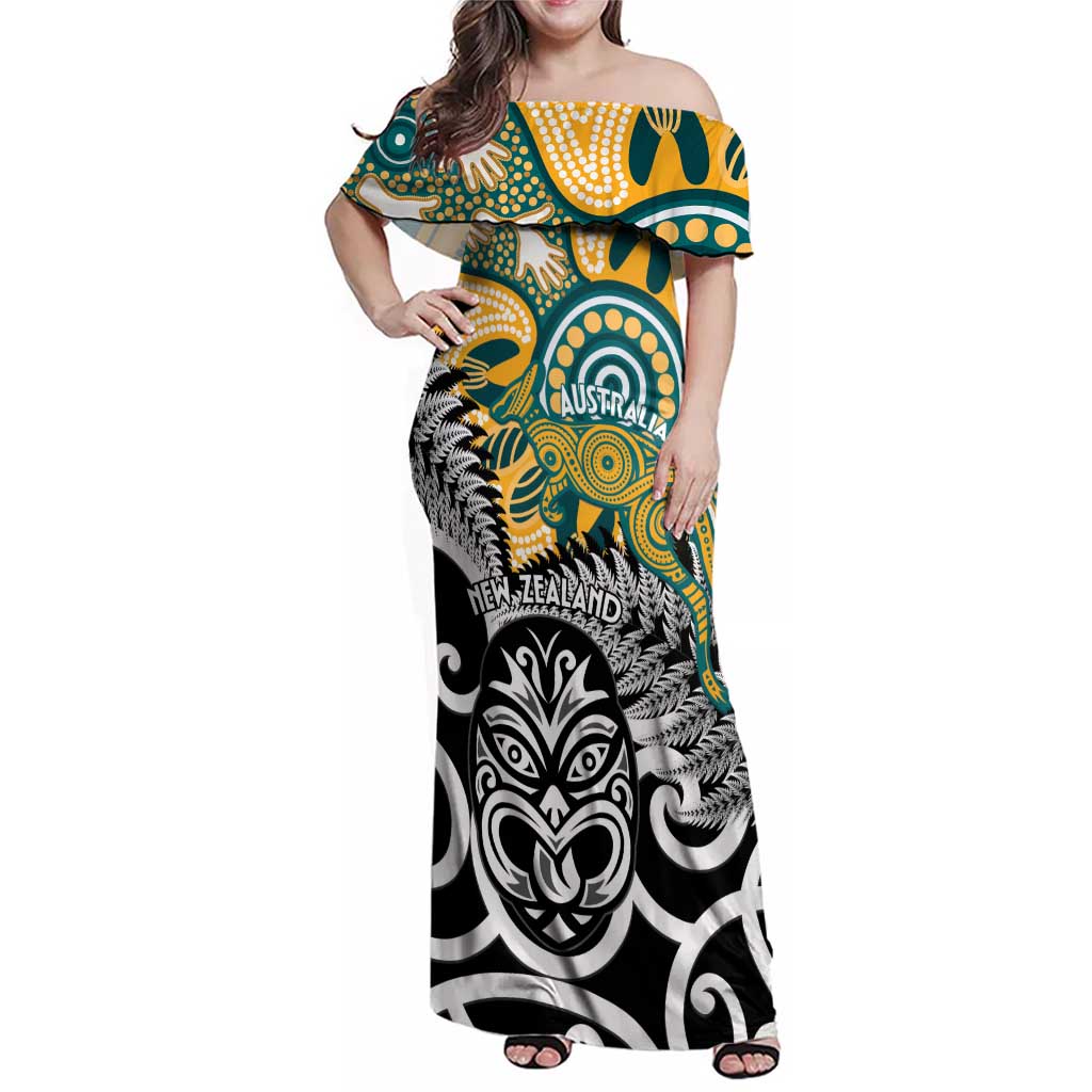 New Zealand Australia Rugby Custom Family Matching Off Shoulder Maxi Dress and Hawaiian Shirt Wallabies Aboriginal All Black Maori Tiki Together - Aussie Hoodie
