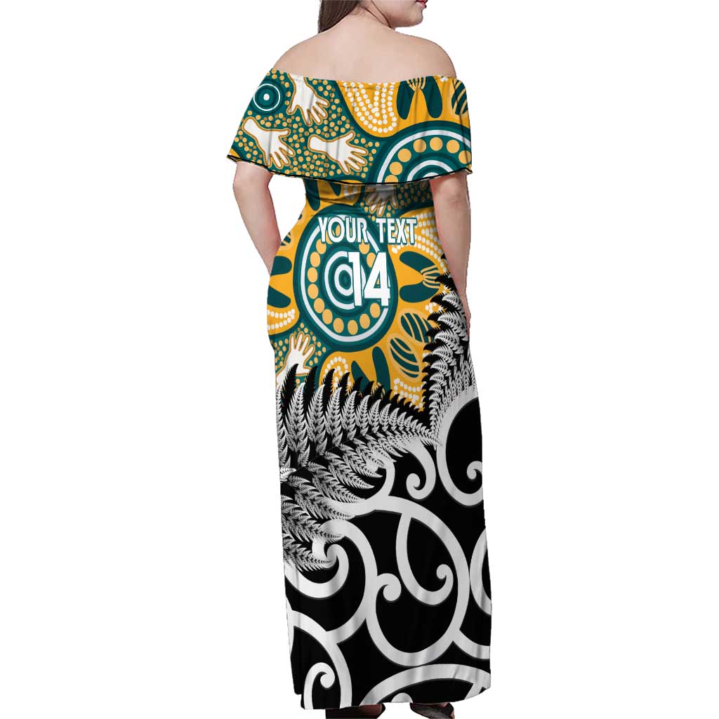 New Zealand Australia Rugby Custom Family Matching Off Shoulder Maxi Dress and Hawaiian Shirt Wallabies Aboriginal All Black Maori Tiki Together - Aussie Hoodie