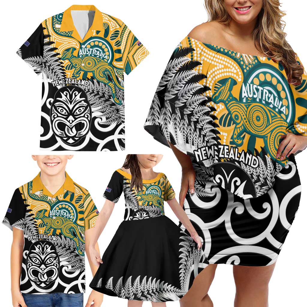 New Zealand Australia Rugby Custom Family Matching Off Shoulder Short Dress and Hawaiian Shirt Wallabies Aboriginal All Black Maori Tiki Together - Aussie Hoodie
