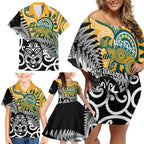 New Zealand Australia Rugby Custom Family Matching Off Shoulder Short Dress and Hawaiian Shirt Wallabies Aboriginal All Black Maori Tiki Together - Aussie Hoodie