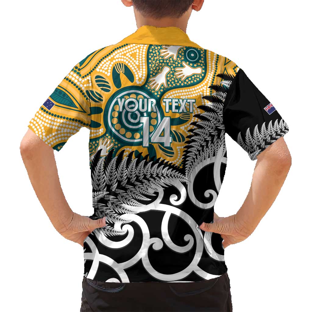 New Zealand Australia Rugby Custom Family Matching Off Shoulder Short Dress and Hawaiian Shirt Wallabies Aboriginal All Black Maori Tiki Together - Aussie Hoodie