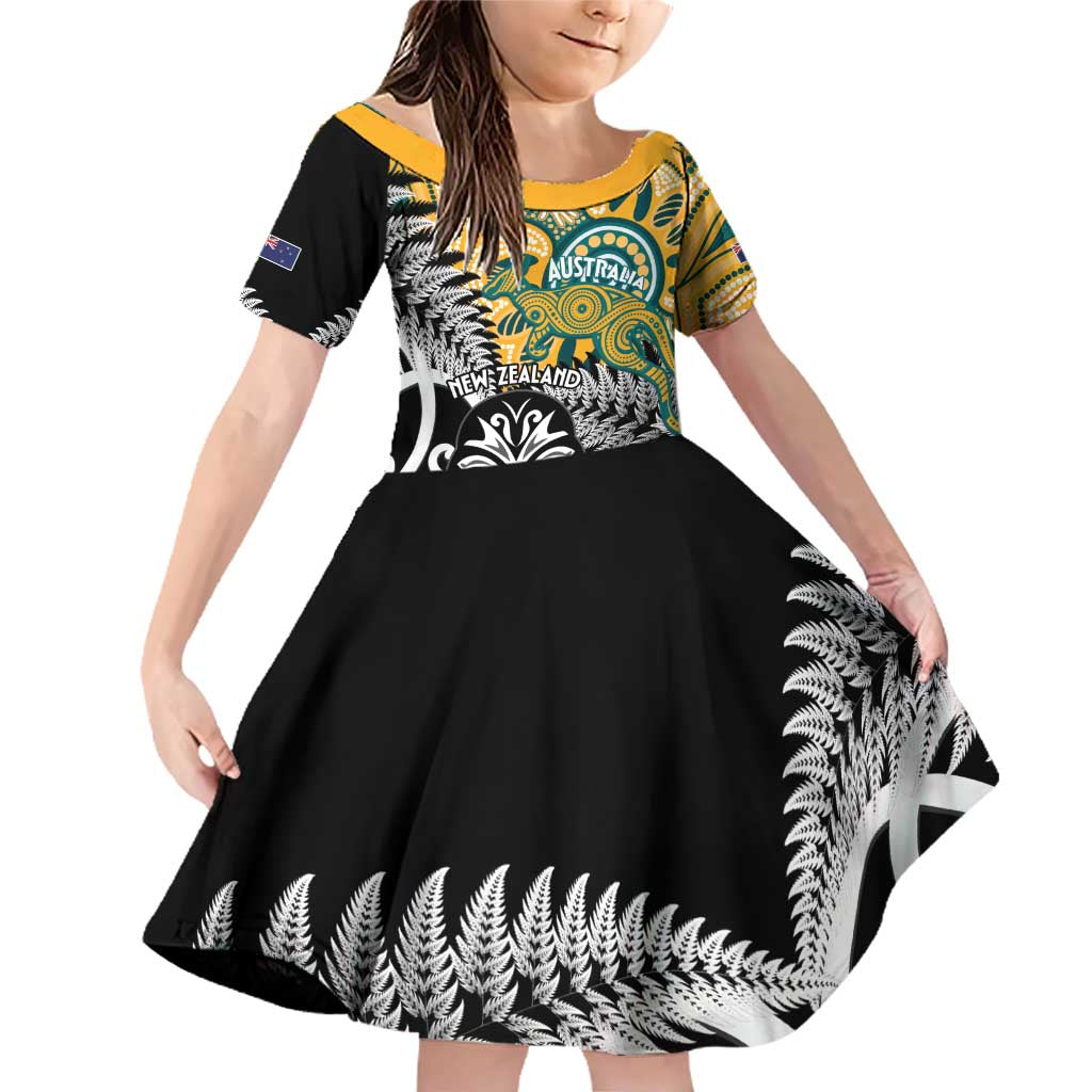 New Zealand Australia Rugby Custom Family Matching Off Shoulder Short Dress and Hawaiian Shirt Wallabies Aboriginal All Black Maori Tiki Together - Aussie Hoodie