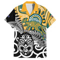 New Zealand Australia Rugby Custom Family Matching Off Shoulder Short Dress and Hawaiian Shirt Wallabies Aboriginal All Black Maori Tiki Together - Aussie Hoodie