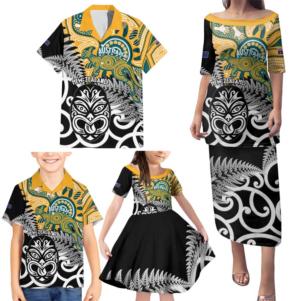 New Zealand Australia Rugby Custom Family Matching Puletasi and Hawaiian Shirt Wallabies Aboriginal All Black Maori Tiki Together - Aussie Hoodie