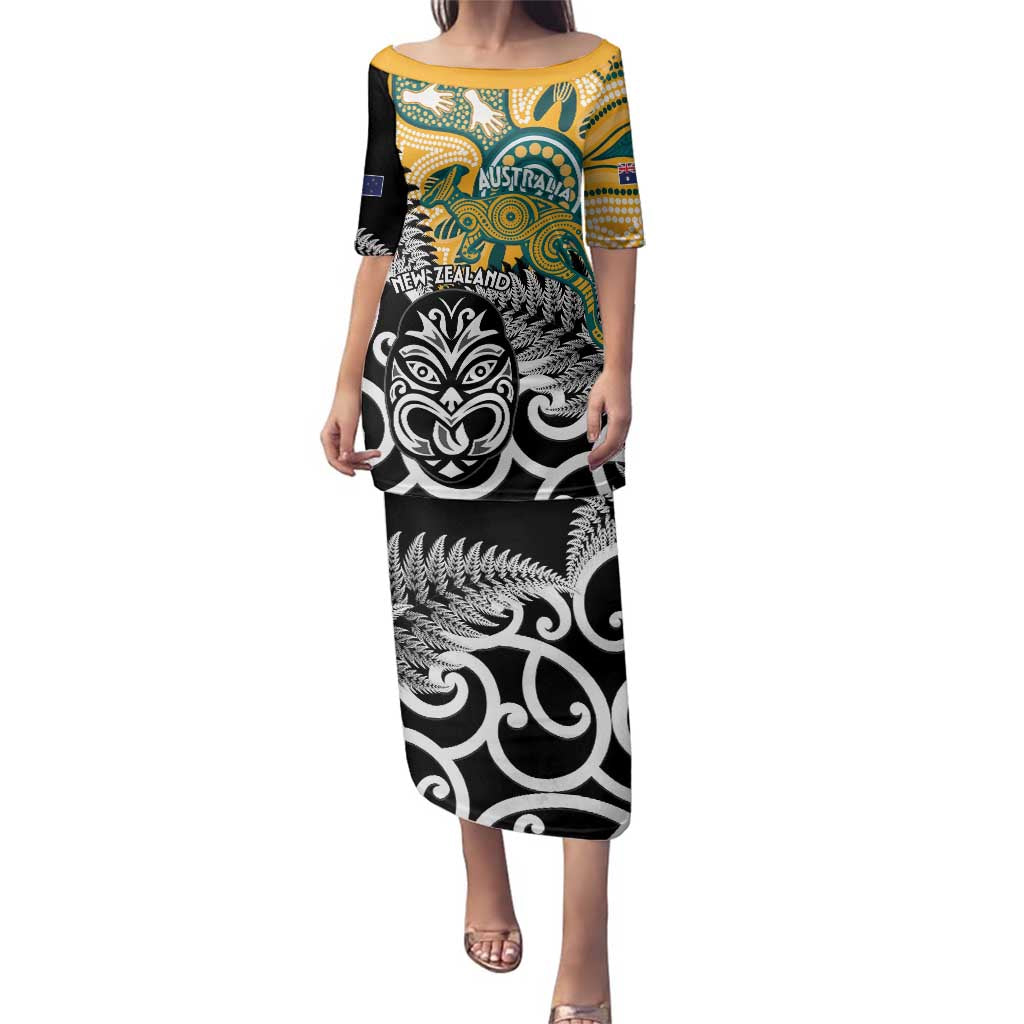 New Zealand Australia Rugby Custom Family Matching Puletasi and Hawaiian Shirt Wallabies Aboriginal All Black Maori Tiki Together - Aussie Hoodie