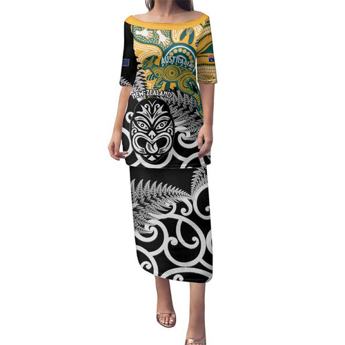 New Zealand Australia Rugby Custom Family Matching Puletasi and Hawaiian Shirt Wallabies Aboriginal All Black Maori Tiki Together - Aussie Hoodie
