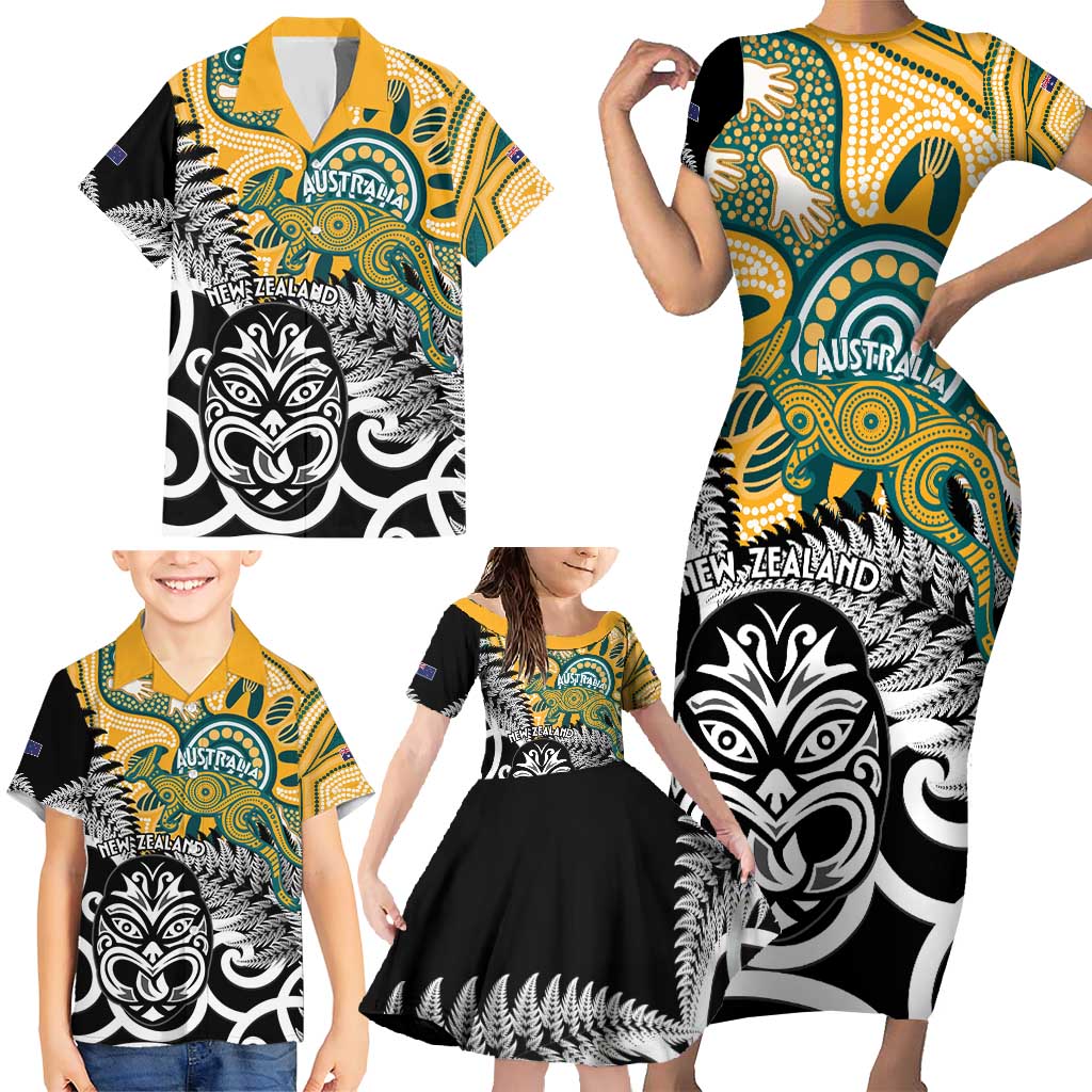 New Zealand Australia Rugby Custom Family Matching Short Sleeve Bodycon Dress and Hawaiian Shirt Wallabies Aboriginal All Black Maori Tiki Together - Aussie Hoodie