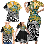 New Zealand Australia Rugby Custom Family Matching Short Sleeve Bodycon Dress and Hawaiian Shirt Wallabies Aboriginal All Black Maori Tiki Together - Aussie Hoodie
