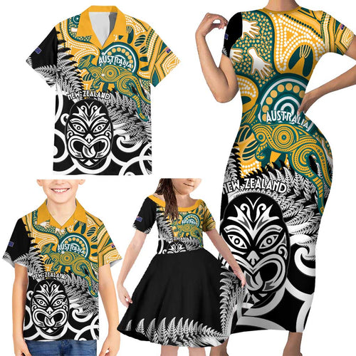 New Zealand Australia Rugby Custom Family Matching Short Sleeve Bodycon Dress and Hawaiian Shirt Wallabies Aboriginal All Black Maori Tiki Together - Aussie Hoodie